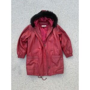 Excellent Red Leather Parka Coat With Black Faux Fur Hood Size Medium Women's